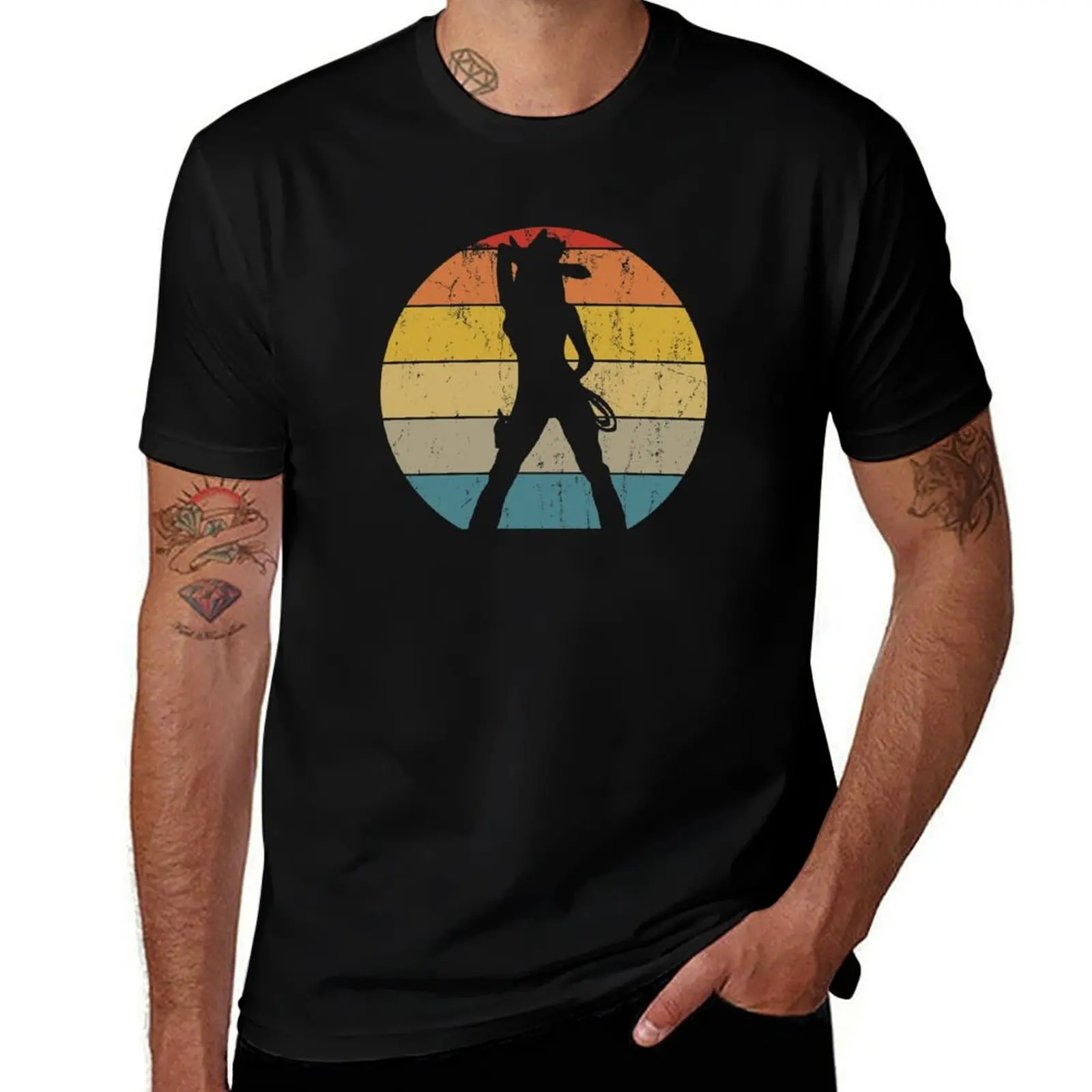Cowgirl with a pistol retro vintage sundown circle T-Shirt Soft Stretch Short Sleeve Top