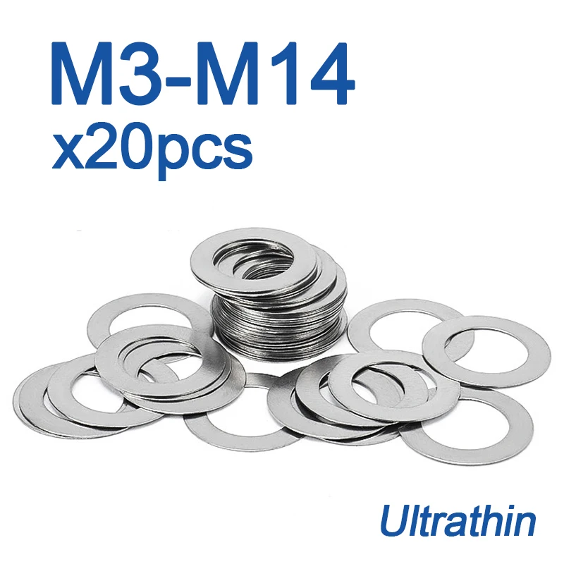 20pcs/lot 304 Stainless Steel Ultra Thin Flat Washer M3 M4 M5 M6 M8 M10 M12 M14 Adjusting Shim Plain Gasket 0.1/ 0.2/ 0.3mm