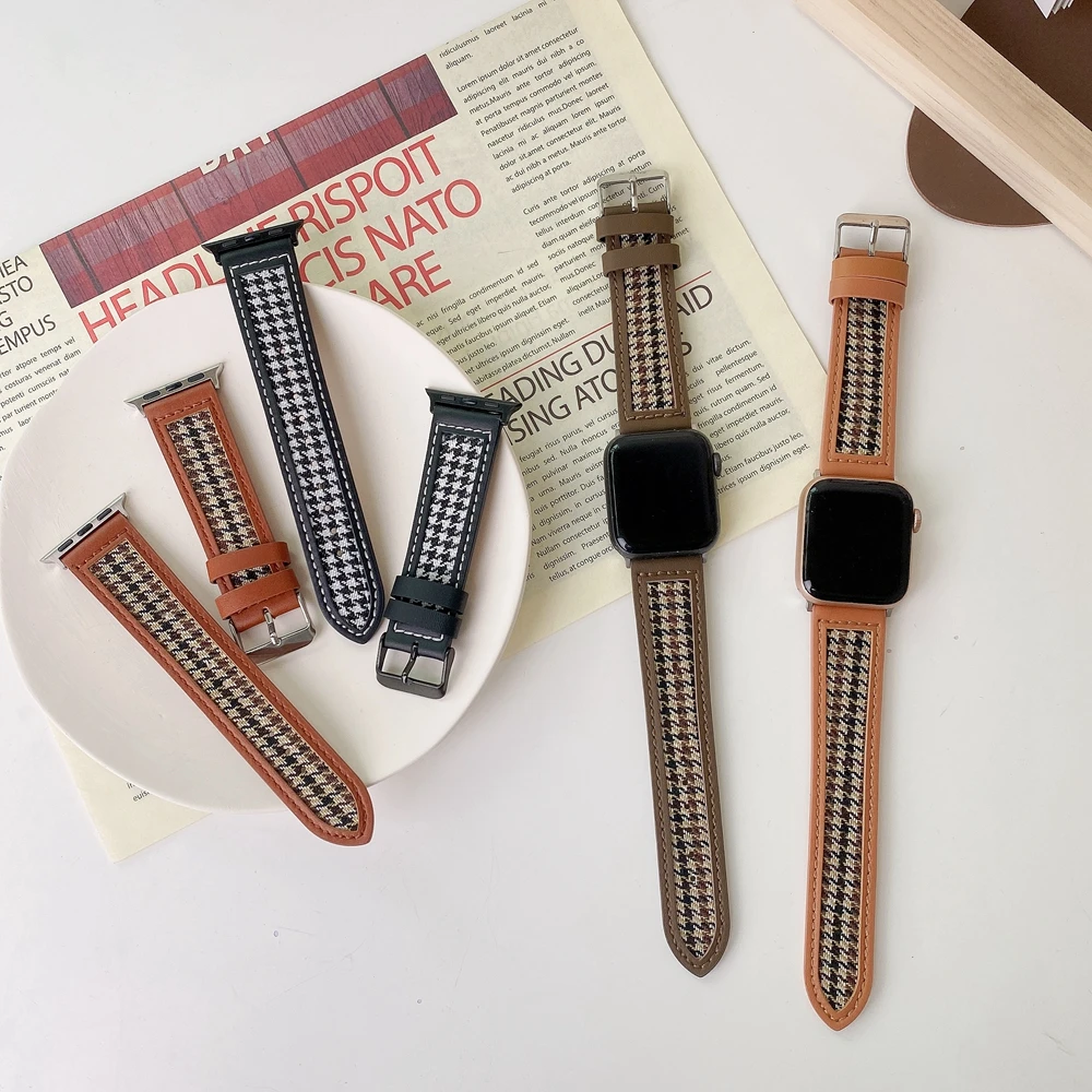 Houndstooth Canvas Leather Strap for Apple Watch Band 49Ultra 40/44mm 1 2 3 4 5 6 7 8 Wristband for Iwatch 38/42/41/45mm Correa