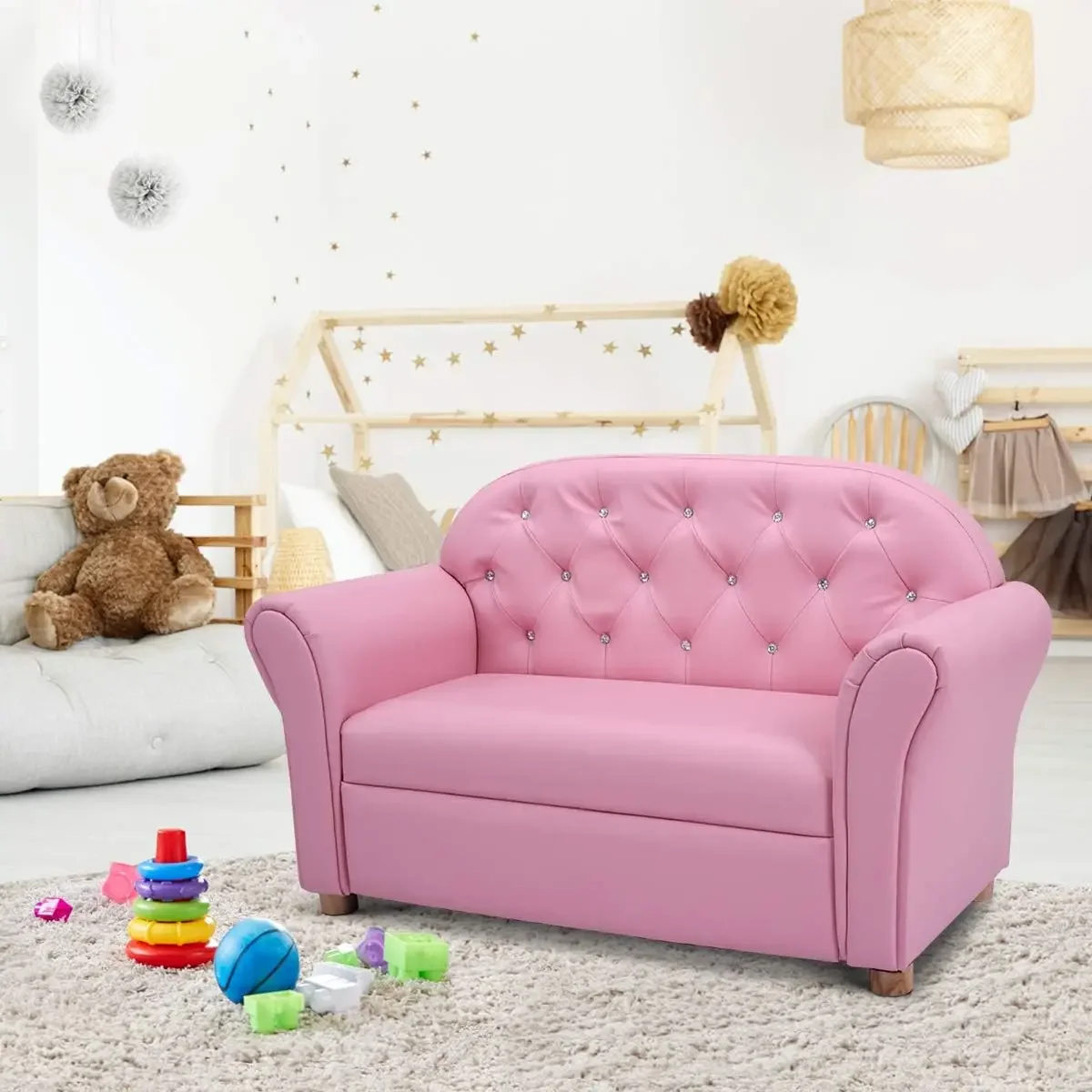 Couch, 2 in 1 Princess Double Seat Children's Sofa w/PU Leather Surface, Toddler Armrest Chair for Bedroom, Kids Room, Mini Sofa