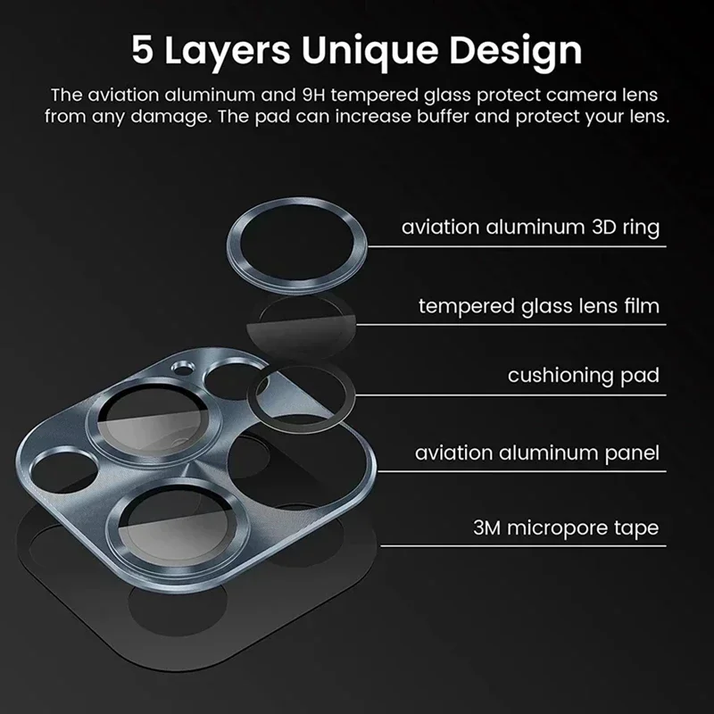 Metal Camera Lens Protector para iPhone, Tampa Completa, Liga de Alumínio, Vidro Temperado, 14, 13, 15 Pro Max, 14 Plus, 13Mini