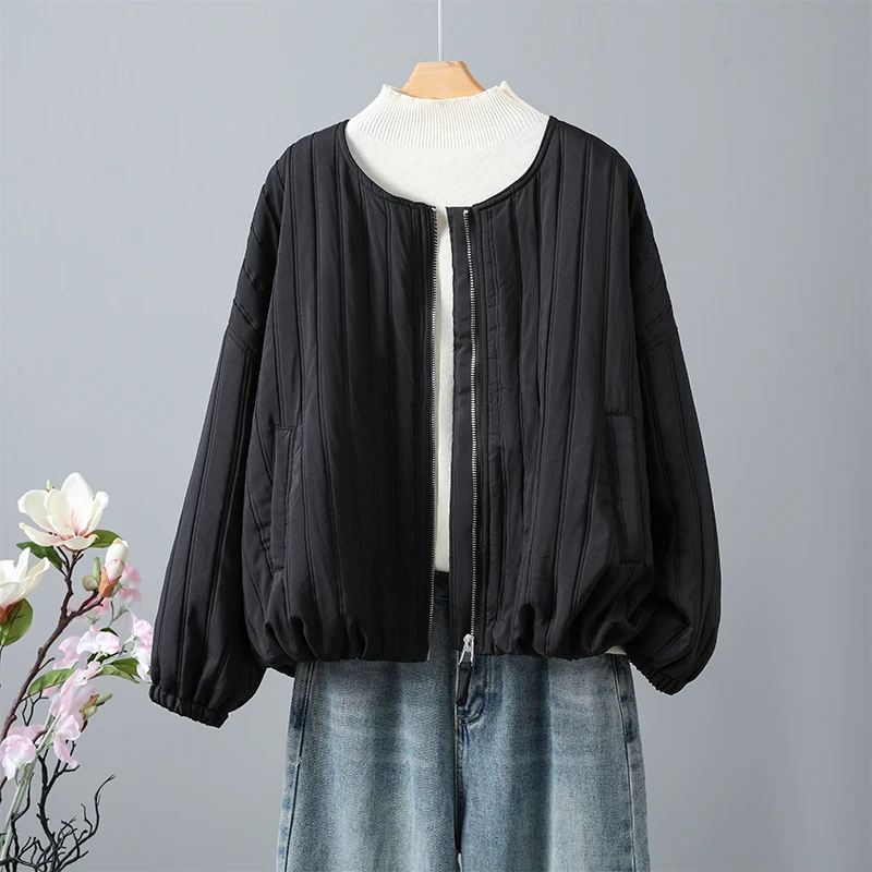 

High Quali Thiened Loose Zipper Casual Long Sve round Ne Cotton Jaet Women ort Top for Winter 2025 Commute Sle