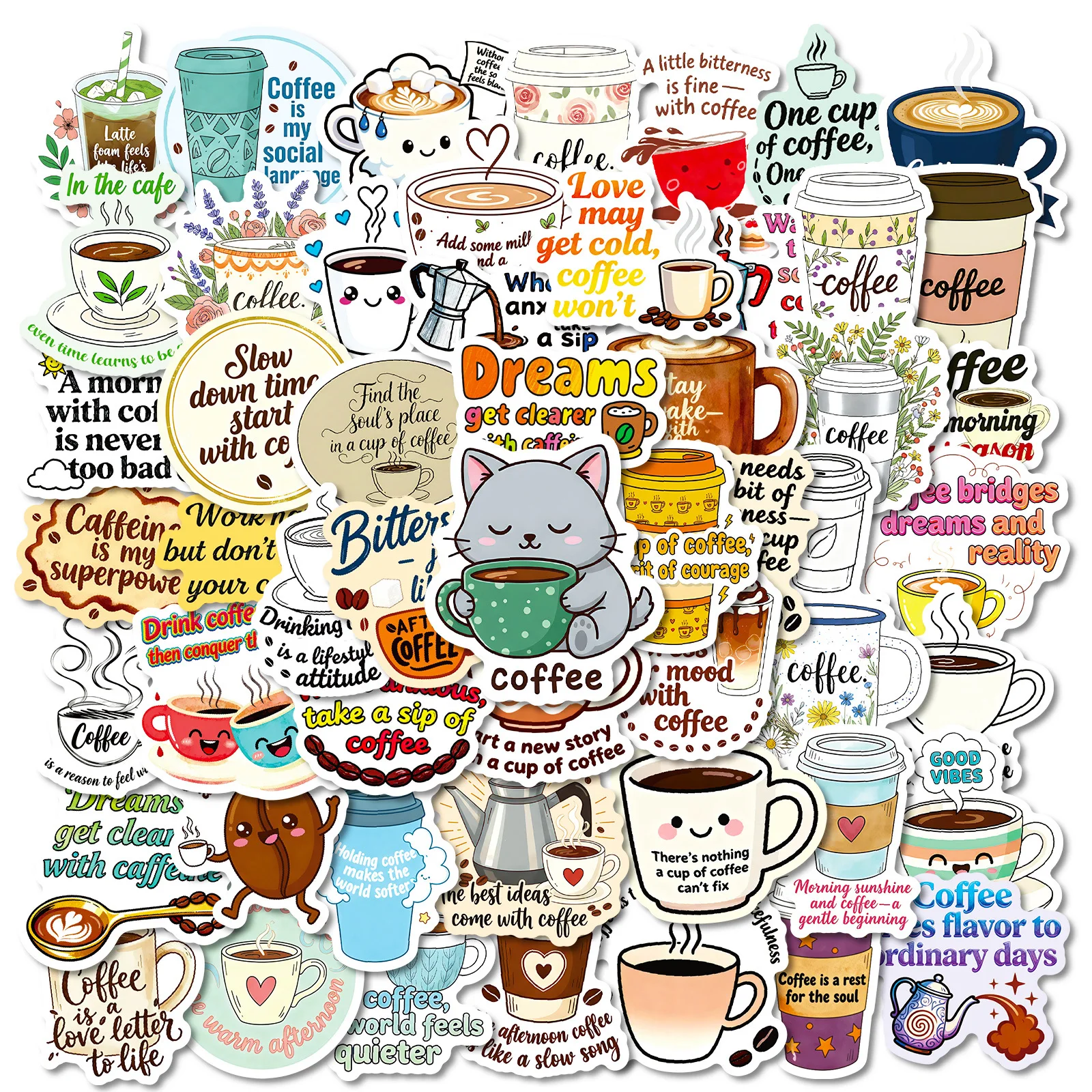

10/30/56PCS Cartoon Coffee Cup Creative Text Stickers Kawaii Funny DIY Kids Toys Guitar Luggage Suitcase Decal Graffiti Sticker
