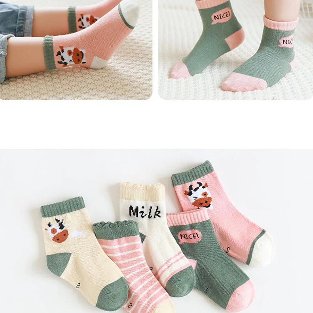 

5Pairs Kids Cotton Knee High Stockings Autumn Winter Breathable Non Slip Children Socks Cow Pattern for 1-3 Years Old