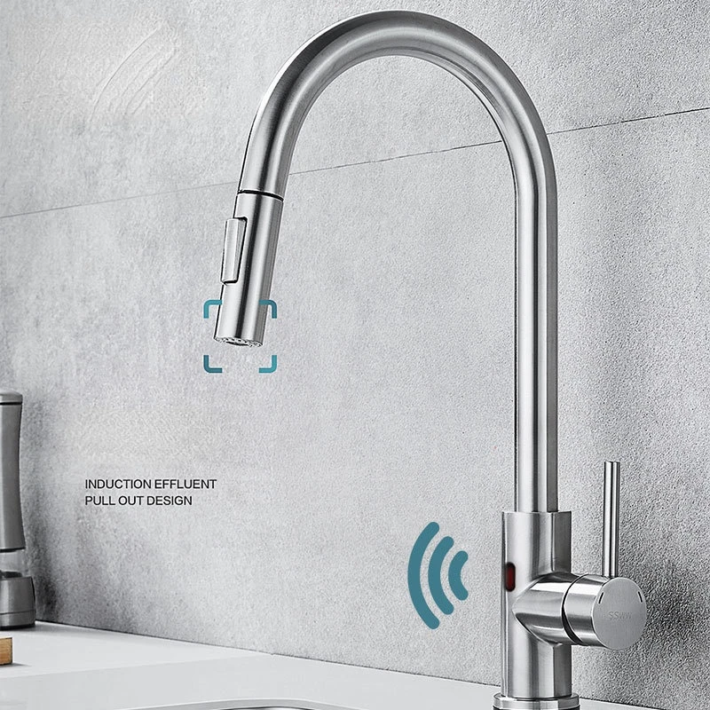 Infrared sensor kitchen faucet smart telescopic pull-down hot and cold mixed water rotating vegetable sink