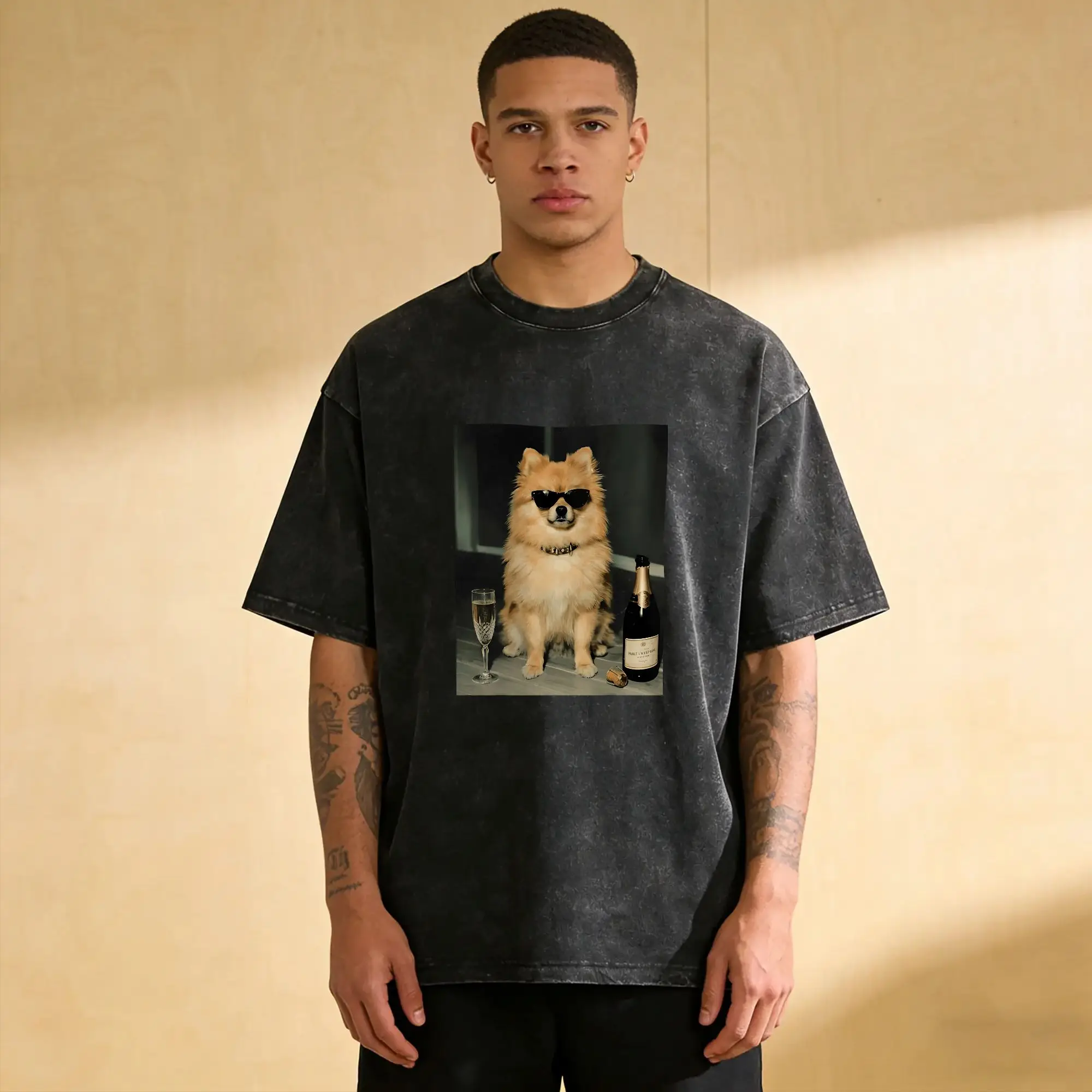 Men Women's T-Shirt Pomeranian Drinking Champagne Funny Dog Meme Washed T Shirts Novelty  Summer Pattern Casual Clothes Hot Sale