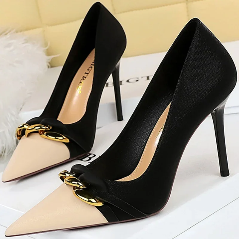 Luxury Women 9.5cm High Heels Wedding Patchwork Pumps Lady Replica Metal Chain Stiletto Heels Fashion Sexy Evening Prom Shoes