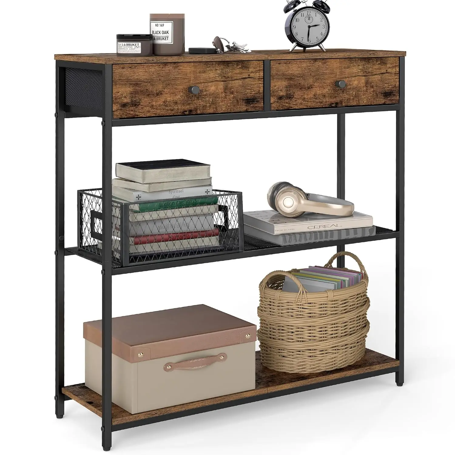Mesa Consola para Entrada Estrecha con 2 Cajones de Tela, 3 Niveles, 24x76x80 cm, Marrón Rústico y Negro, Personalizable