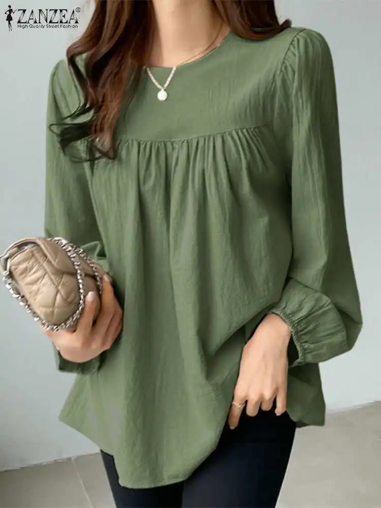 2023 ZANZEA Work OL Shirts Women Blouse Elegant O Neck Puff Sleeve Blusas Holiday Pleated Blouses Autumn Solid Full Sleeved Tops