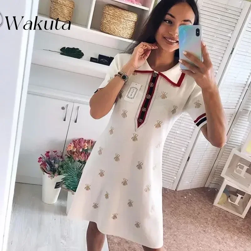 WAKUTA Elegant Spring Summer Knit Cartoon Embroidered Polo Gowns Woman Plus Size Casual Knee-length Straight Dresses Female2024