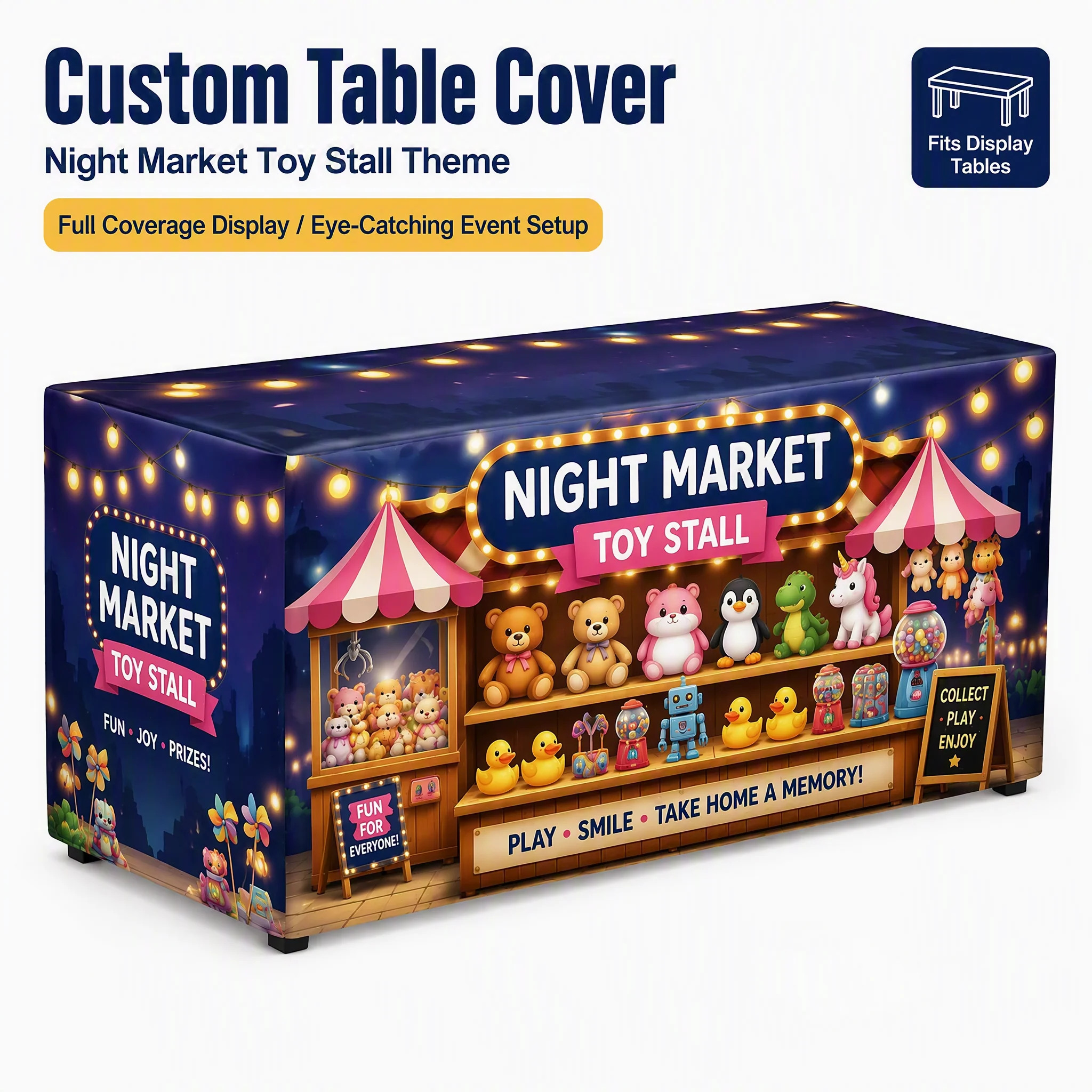 Custom Toy Stall Tablecloth Personalized Logo Printed Table Cover for Outdoor Market Toy Vendor Booth Kids Display Event