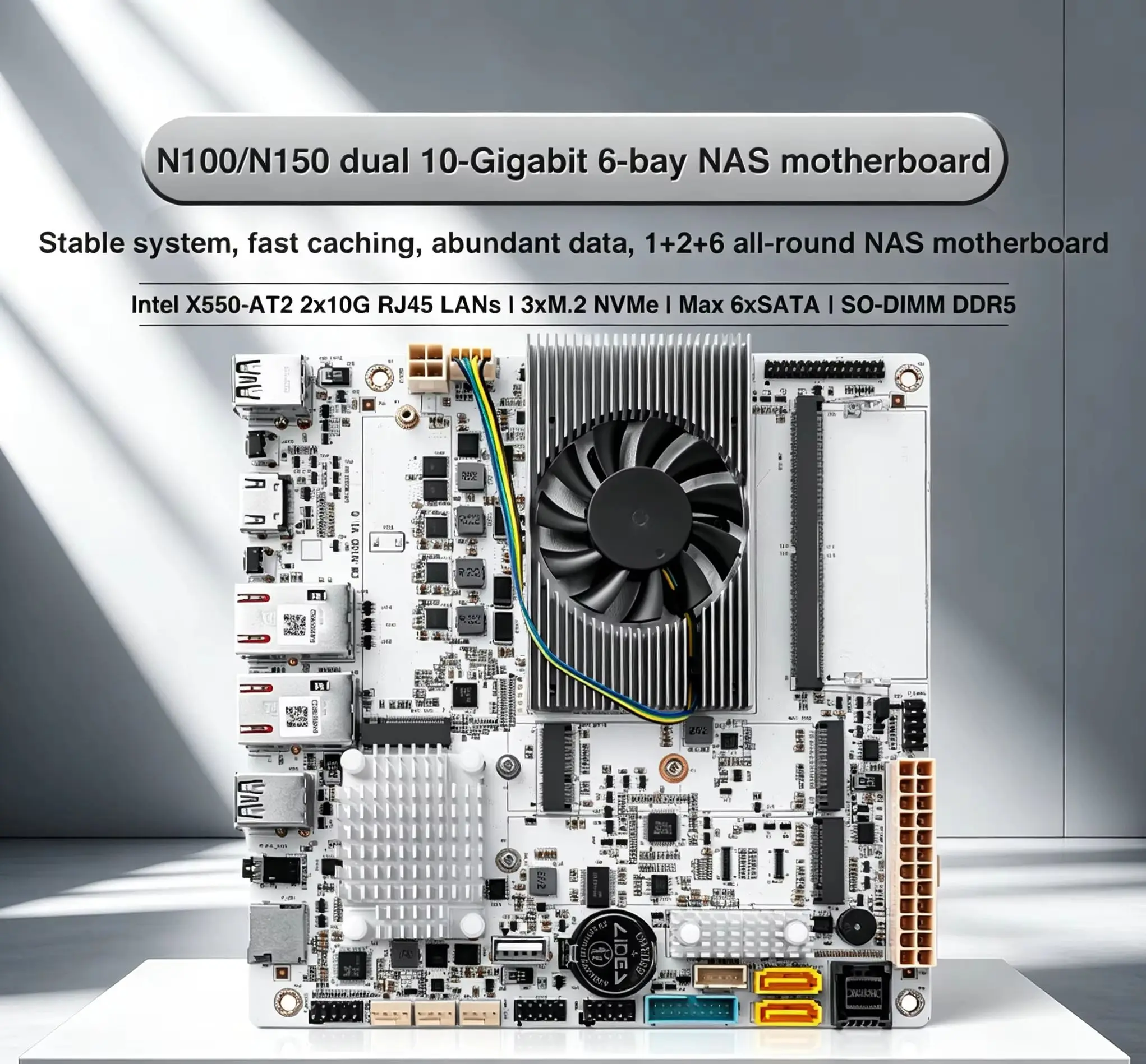 Intel N150 Mini-ITX NAS Motherboard Dual 10G RJ45 X550-AT2 3x M.2 NVMe+6x SATA3 DDR5 TF/eMMC Soft Router