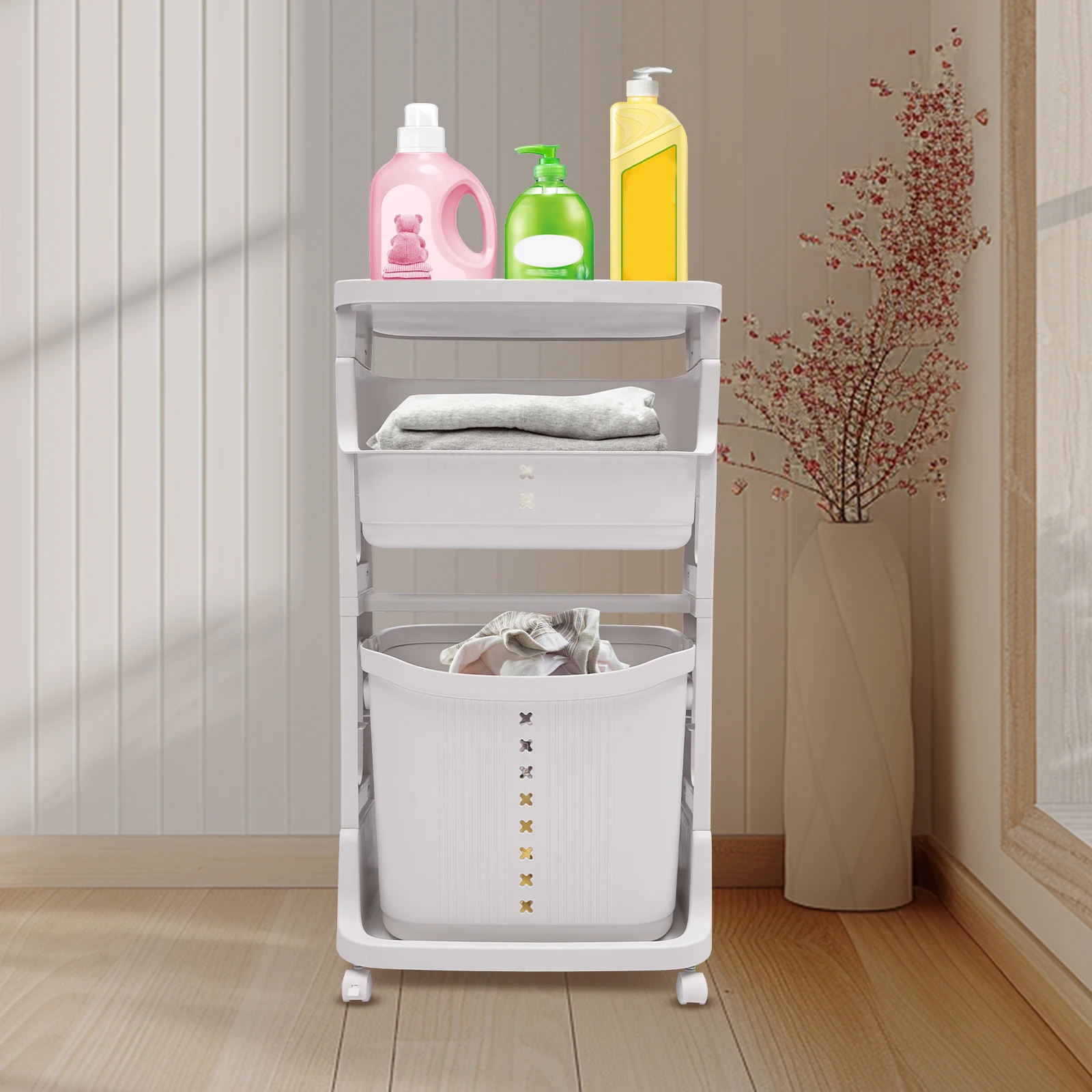 3 Tier Rolling Storage Cart, White Laundry Baskets, Portable Laundry Baskets, Laundry Hampers