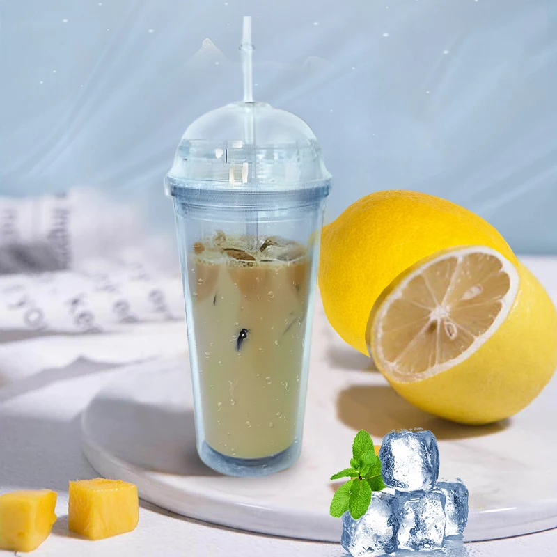 20oz Milk Tumbler with Dome Lids Double Wall Plastic Drink Cups With Straw Reusable Clear Water Bottle Transparent Fruit Cup