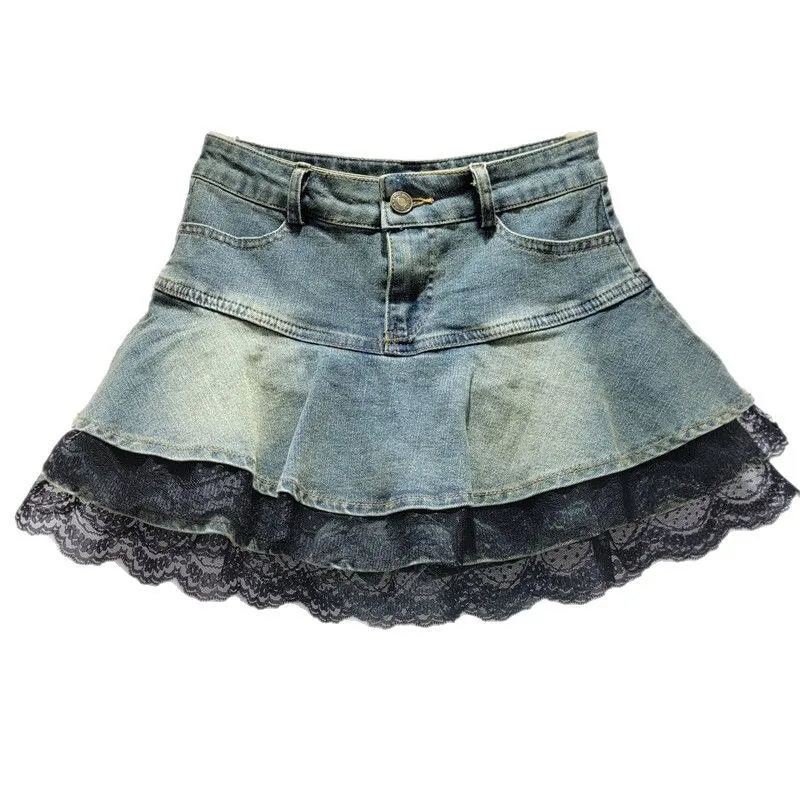 

WTHT New Fashion Women's Spliced Lace Edge Design Wash Denim Skirts 2025 Summer Trendy High Waist A-line Skirt Female 1LS1346