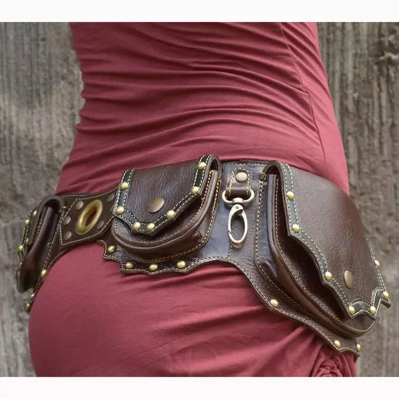 Cinto utilitário de couro Steampunk Pu medieval para mulheres Fanny Pack, bolso com bolsa dupla rebitada, esportes ao ar livre, bolsa de proteção