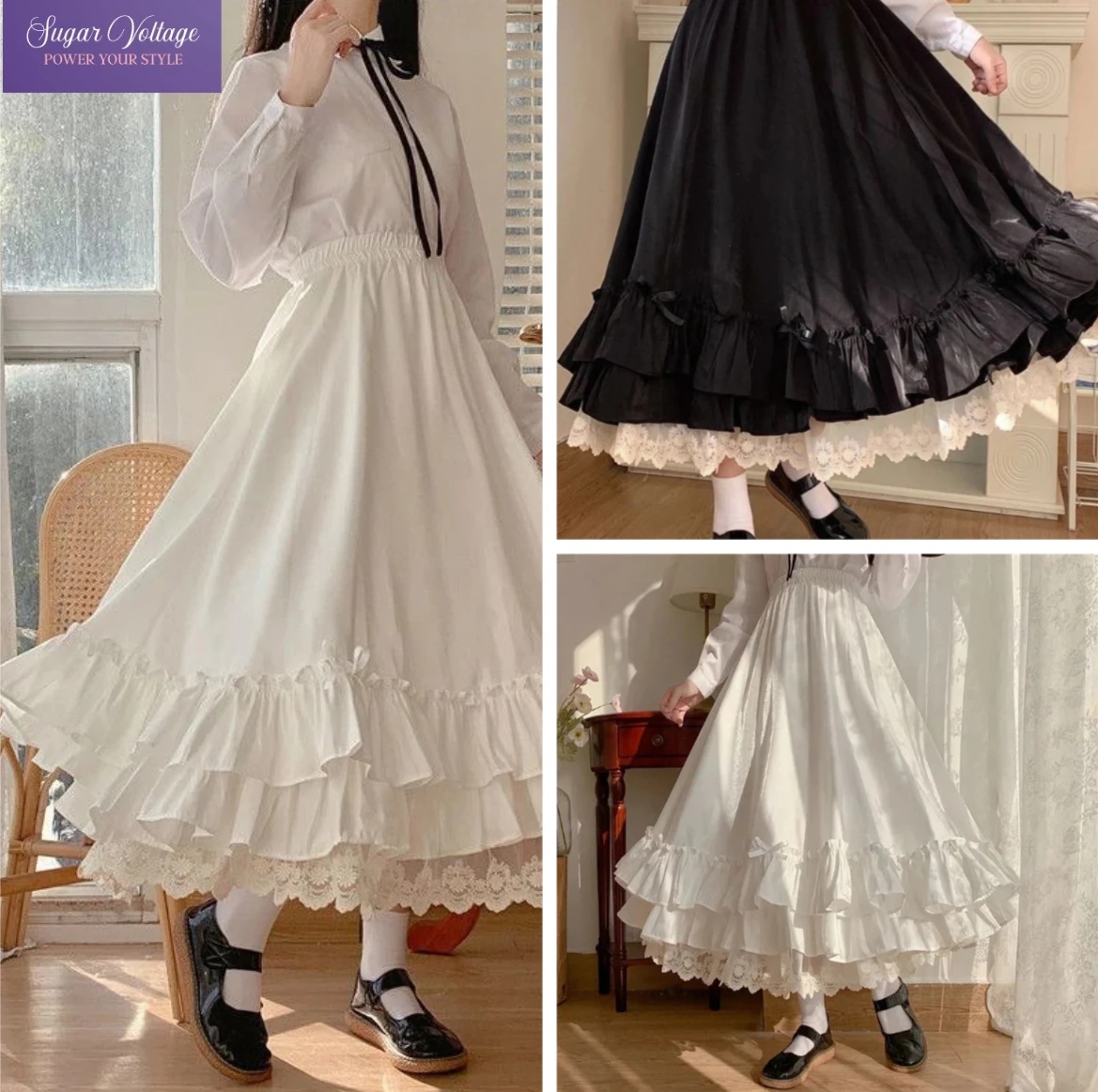 Japanese Fashion Sweet Lace Midi Skirt Women High Waist Ruffle Hem Bow Solid Color Skirt Autumn Cute Casual Elegant Chic Outfit