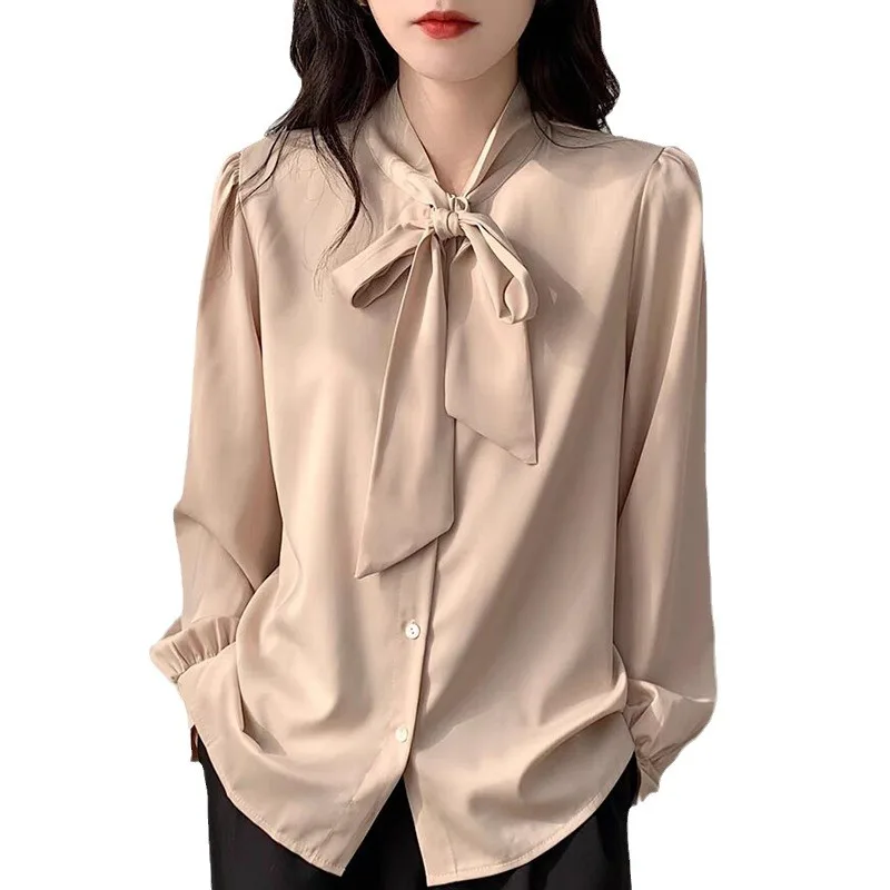 

Spring New Style Bow Shirt for Women Niche Professional Temperament Shirt Satin Top Lace