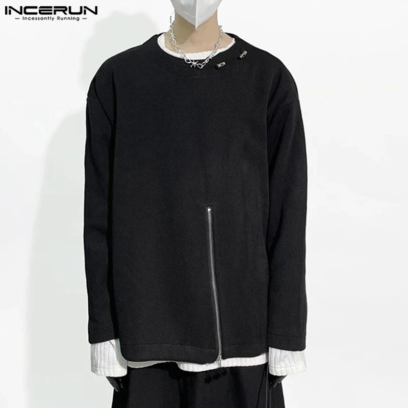 2024 INCERUN Men Casual Long Sleeve Zip Hoodies Korean Fashion Solid Sweatshirt Elegant Loose Leisure Coats Streetwear Male Tops