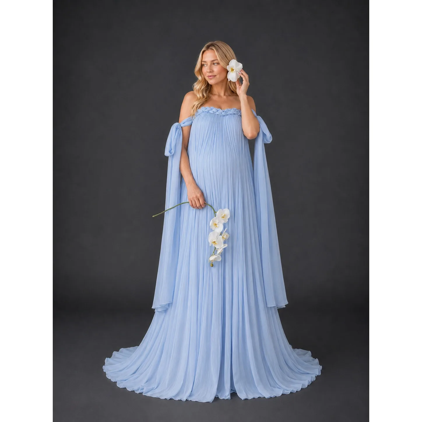 Elegant Light Blue Maternity Dress for Photo Shoot Braided Strapless Pleated Chiffon Pregnancy Photography Gown HY269004