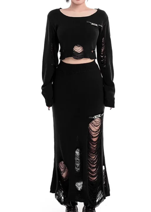 Herfst Winter Punk Persoonlijkheid Meisjes Fishtail Gebreide Lange Rok Zwarte Hoge Taille Mode Veelzijdige Holle Straat Rokken