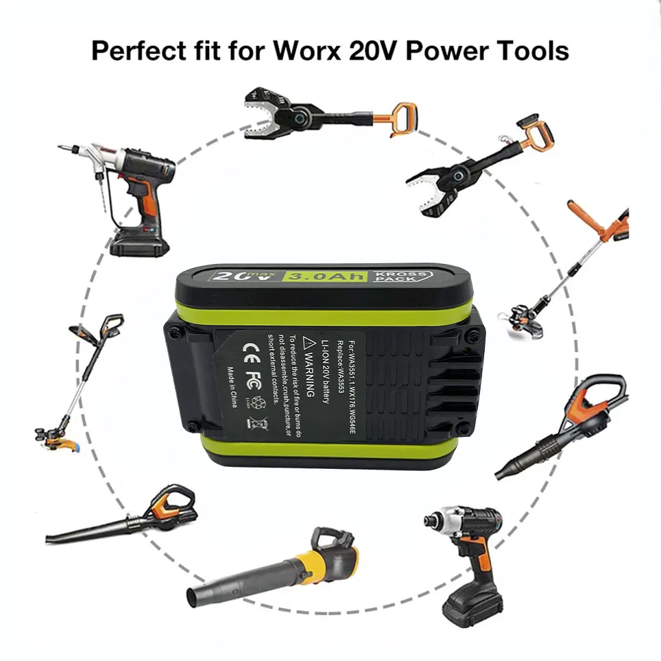 Worx New Power Tools Rechargeable Replacement Battery 20V 3000mAh Lithium for Worx WA3551 WA3553 WX390 WX176 WX178 WX386 WX678