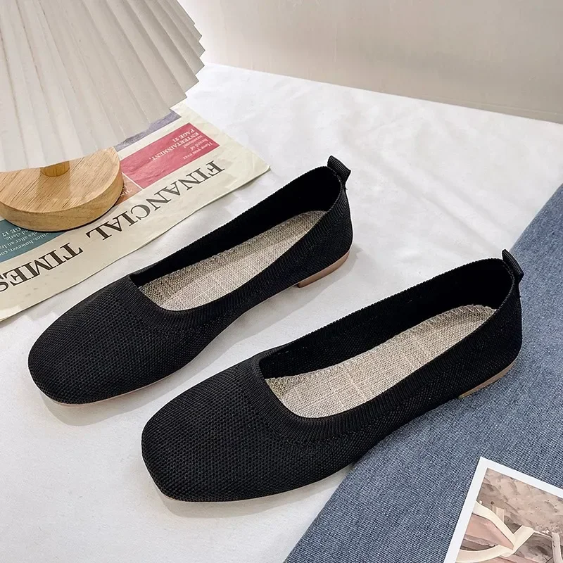 2024 Solid Color Slip on Mesh Loafers Stretch Knitted Ballet Flats Women Casual Soft Bottom Shallow Boat Shoes Classic Moccasins