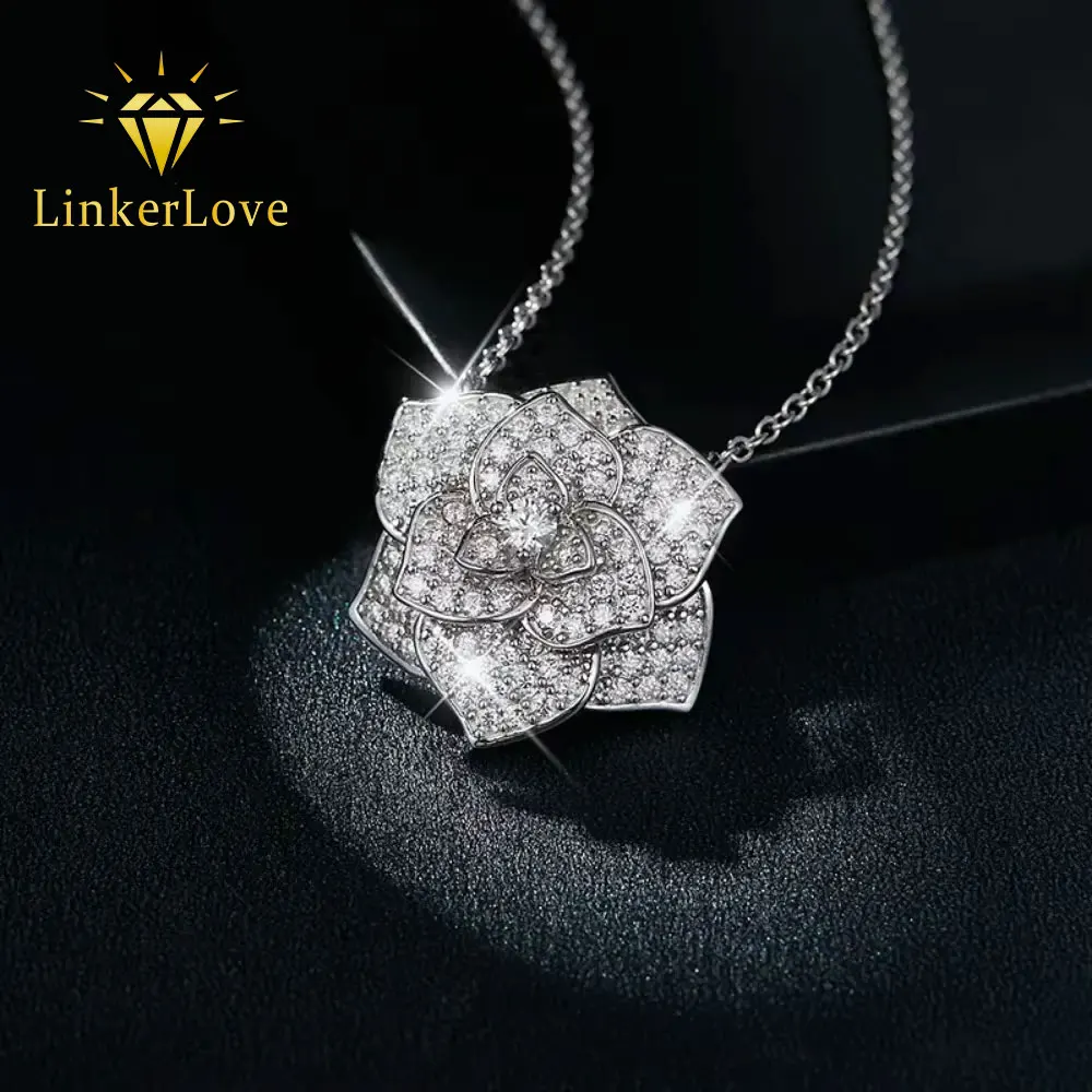 LinkerLove Moissanite Camellia Pendant Necklace for Women S925 Silver 3D Layered Floral Pendant Necklace Earrings Jewelry Set