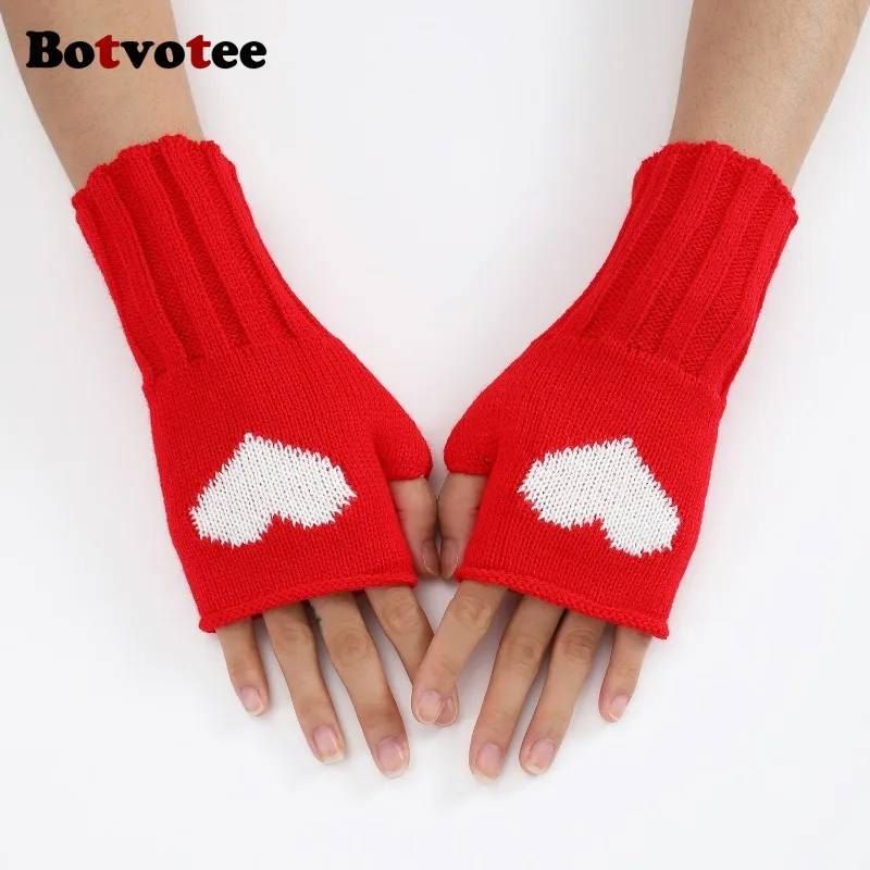 Women Winter Arm Warmers Accessories Knit Fashion Love Cute Black Short Hands Free Gloves Red Y2k Fingerless Gloves