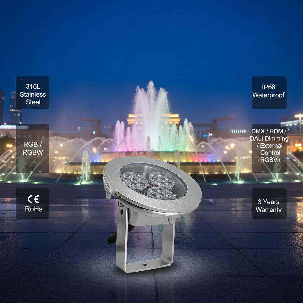 316L SS LED RGB Fountain Underwater Light 24V IP68 Lamp with Stainless Steel Body for Pool and Pond