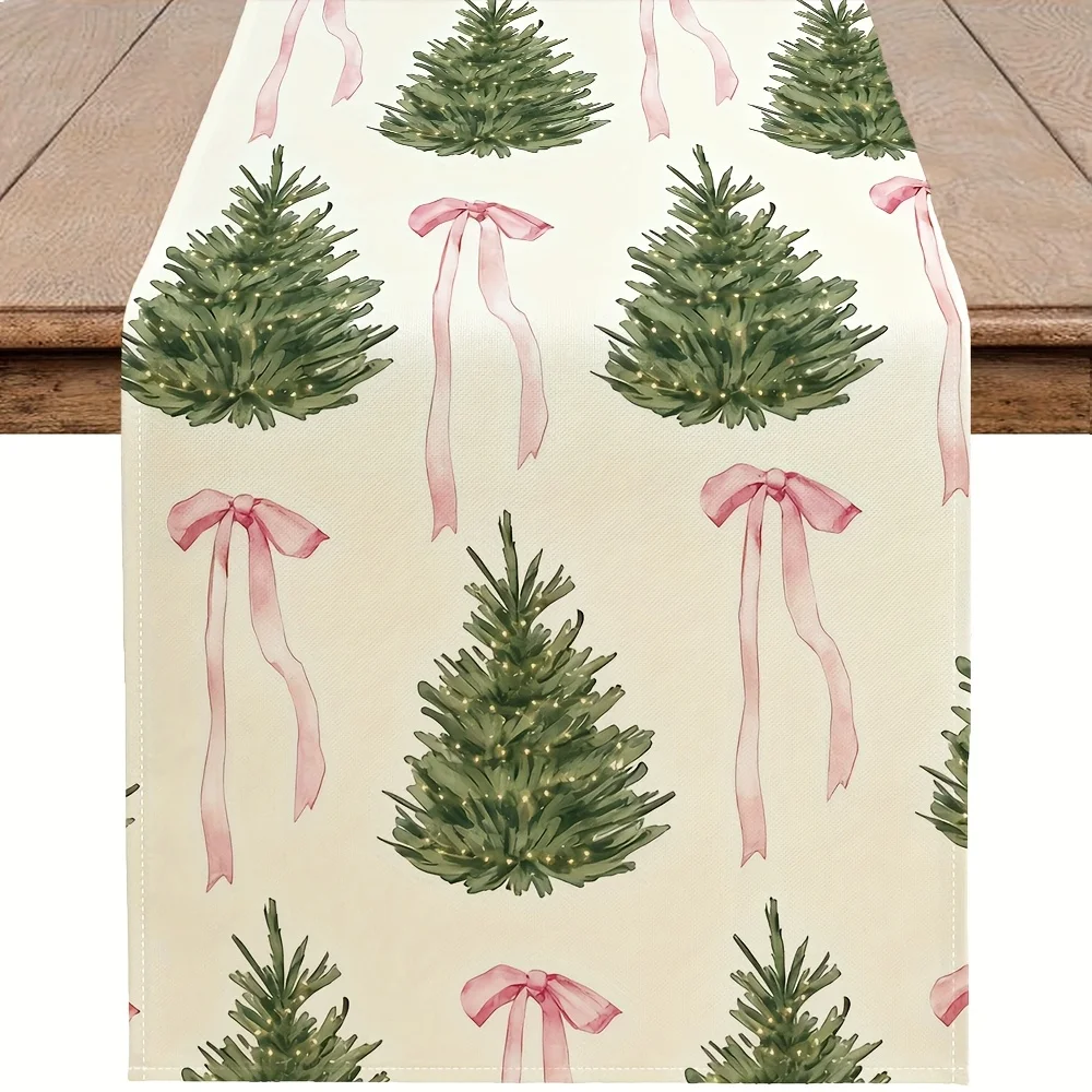 

Cozy Pink Christmas Table Runner Christmas Tree & Pink Bow Pattern Festive Desktop Decor for Dining Table & Seasonal Displays