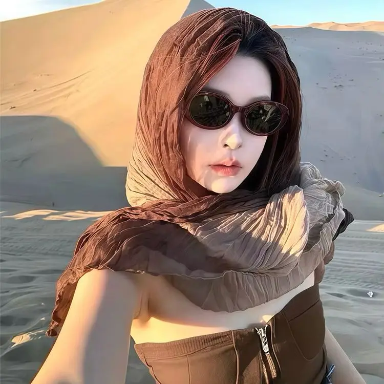 Retro Ethnic Style Scarf, Wasteland Style Linen Pleated Headscarf, New Desert Silk Scarf, Gradient Artistic Shawl
