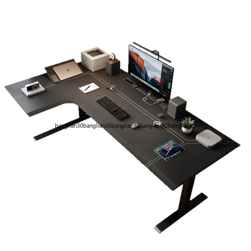 Corner electric lift table L-shaped corner leather solid wood household computer desk Study desk