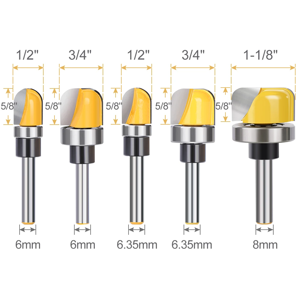 CMCP 1Pc Bowl Tray Template Router Bit 6mm/6.35mm/8mm Shank Round Nose Milling Cutter Woodworking Corner Rounding Router Bit