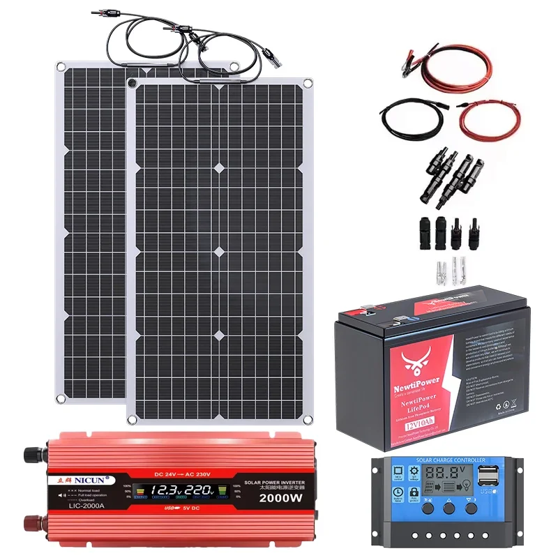 2000W off-grid zonne-completekit-voeding met 100A MPPT-controller, 110V 220V omvormer en 10AH 30AH LiFePO4-batterij voor thuis/camper/kamperen
