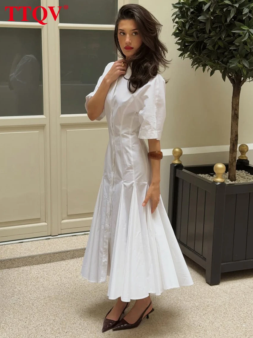

TTQV Fashion Slim White Cotton Women Dress Summer O-Neck Short Sleeve Ankle Length Dresses Elegant Classic Pleated Female Dress