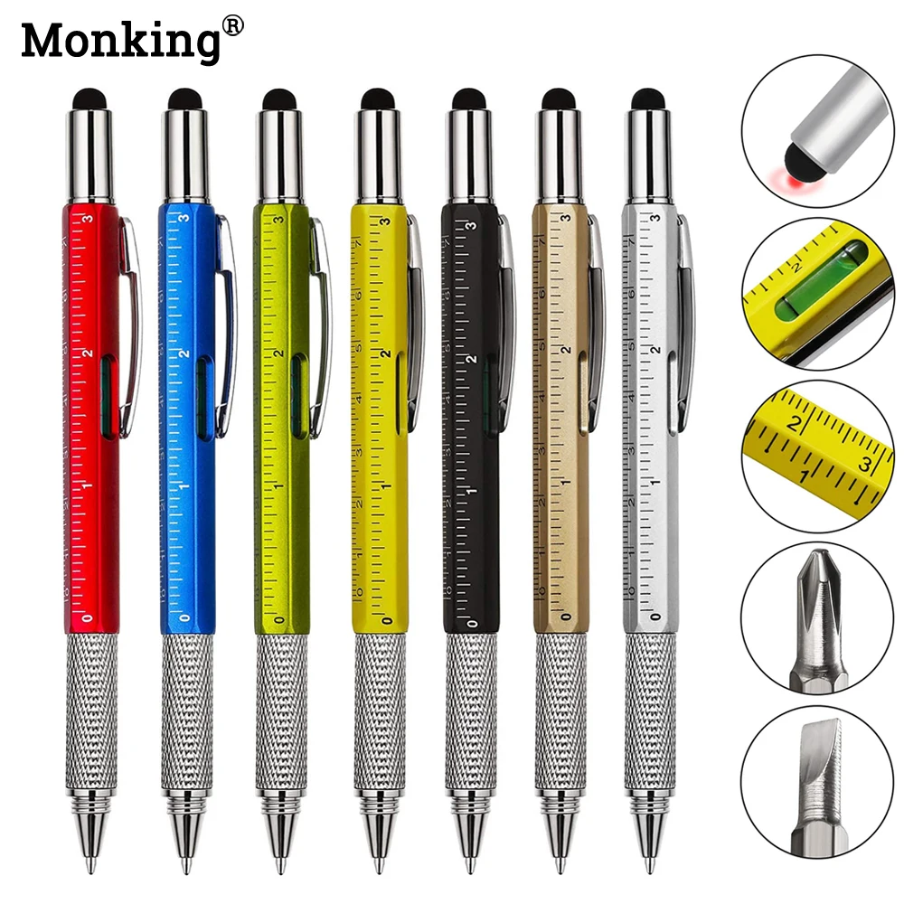 Monking 7 in 1 Multifunctional Pen Touch Screen Stylus Capacitive Pen with Screwdriver Ruler Levelgauge Ballpoint Pencil Tool