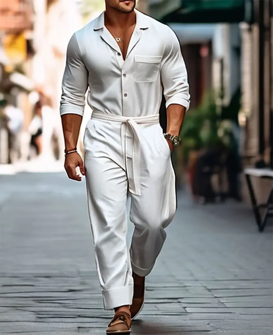 Men's Vacation Lapel Collar Pockets Straight Leg Jumpsuit