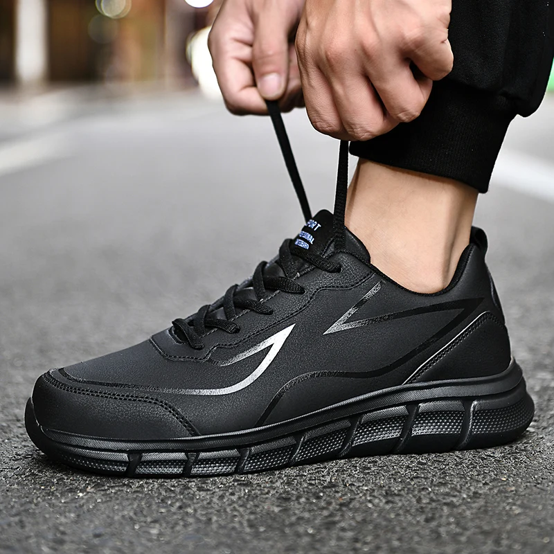 

Black Leather Men's Waterproof Running Shoes Non-Slip Athletic Sneakers Durable Comfortable Walking Sport Shoes