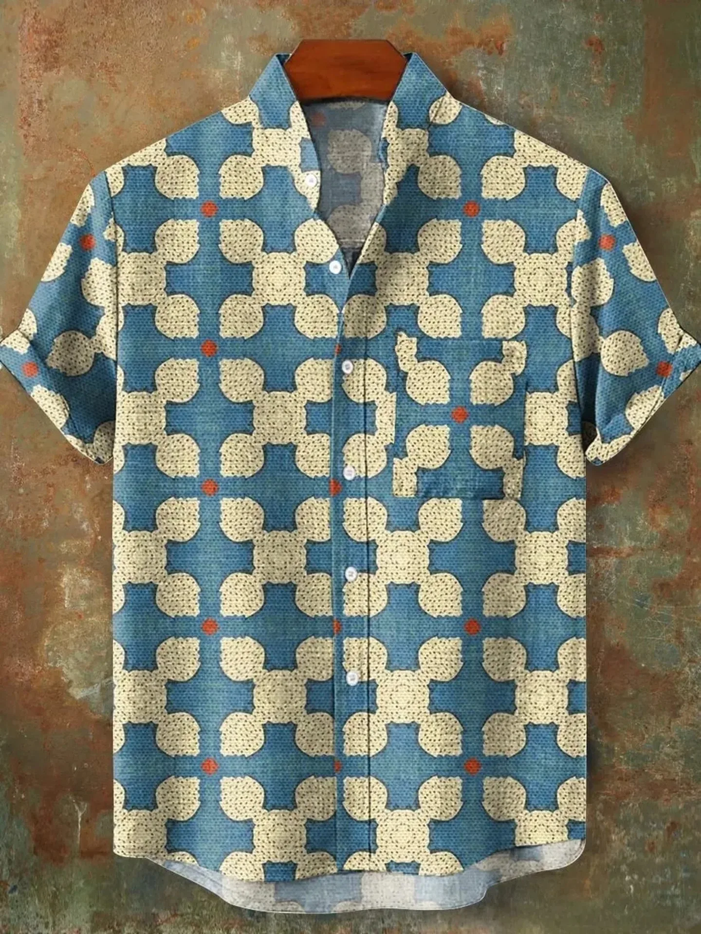 Fashionable men's 3D printed retro spiral art design pattern men's button up stand collar comfortable breathable casual plus siz