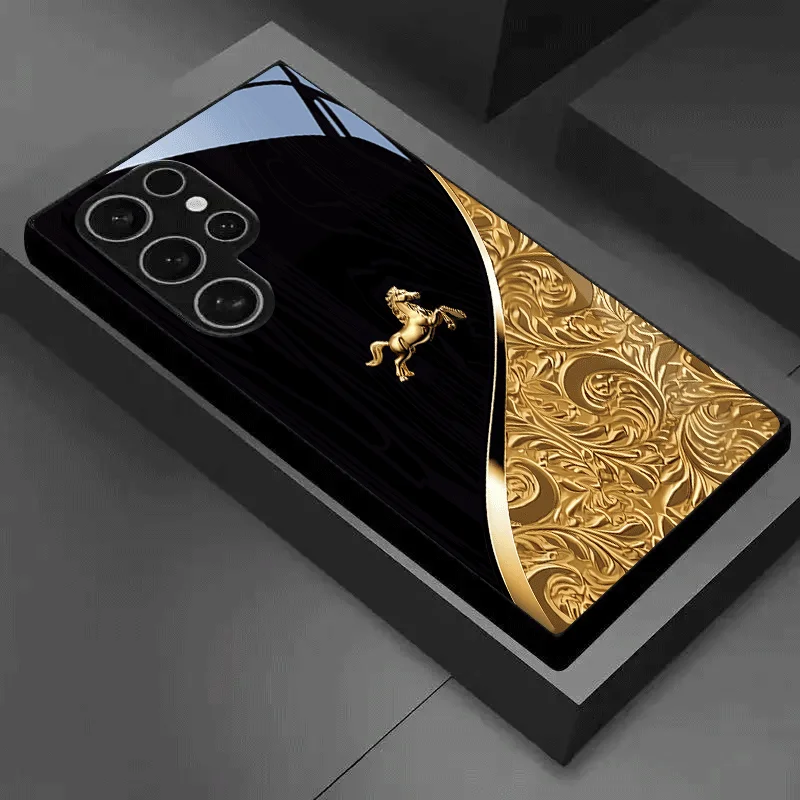 Golden Horse & Floral Fashion Exquisite HD glass phone case for Samsung Galaxy S26 S25 S24 S23 S22 FE,Ultra,Plus Dropresistant