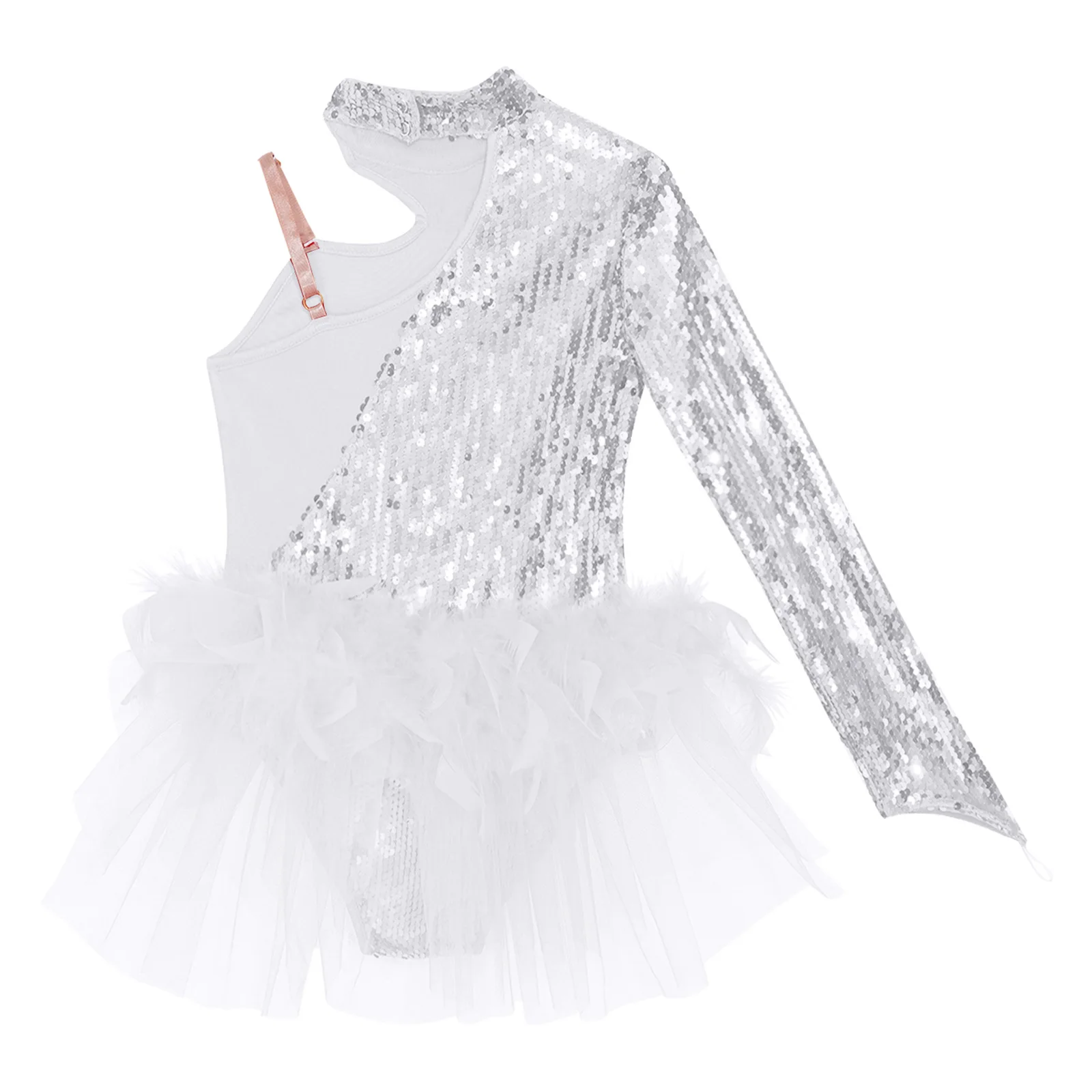 Kids Girls Figure Skating Performance Costume Ballet Dance Gymnastics Leotard Sparkly Sequins Feather Tulle Skirted Bodysuit