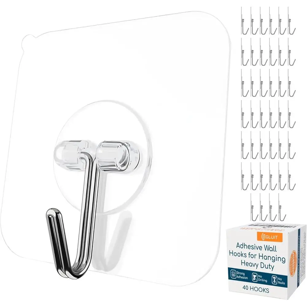 

Adhesive Wall Hooks or Hanging Heavy Duty 22 lbs Hooks or Walls No Damage, Towel Sticky Clear Hooks, Waterproo, Home, Bathroom,
