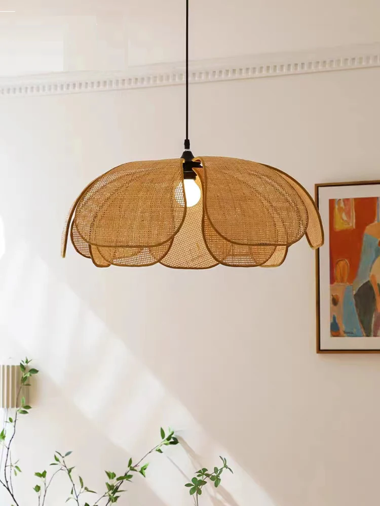 Rattan Art Petal Chandelier Hand-Woven Tea Room Living Room Pendent Lamp  Bedroom Dining Hall Home Stay Creative Ceiling Lamp