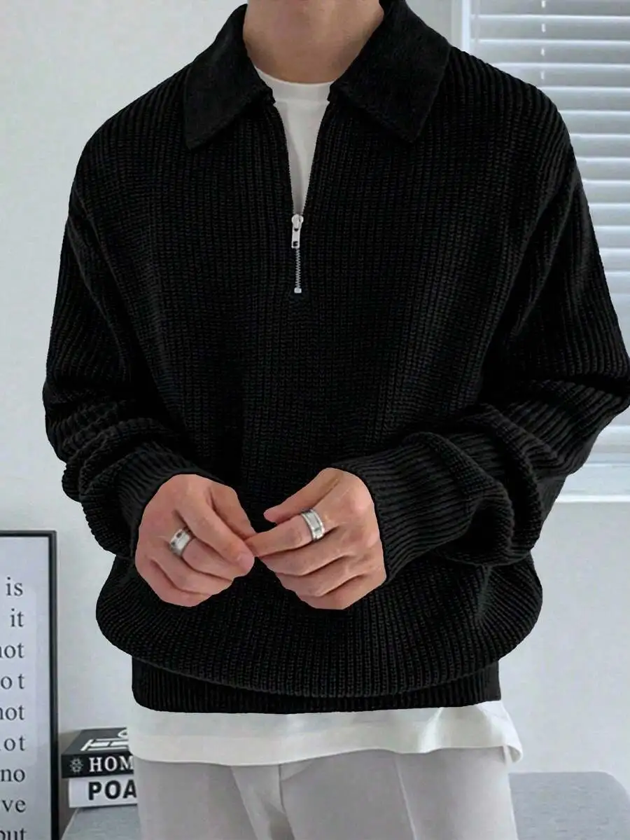 

Men's Black Ribbed Half-Zip Collar Sweater, Long Sleeve, Casual Fall Winter Top