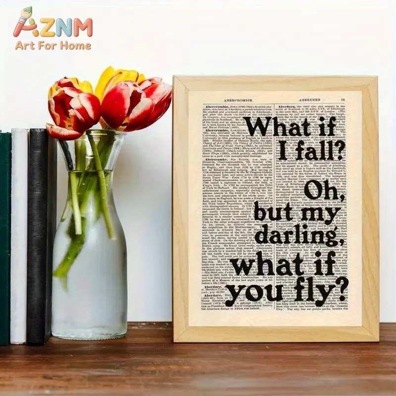 AZNM What If I Fall What If You Fly Canvas Wall Art Vintage Newspaper Inspirational Quote Poster Office Bedroom Decor Unframed P