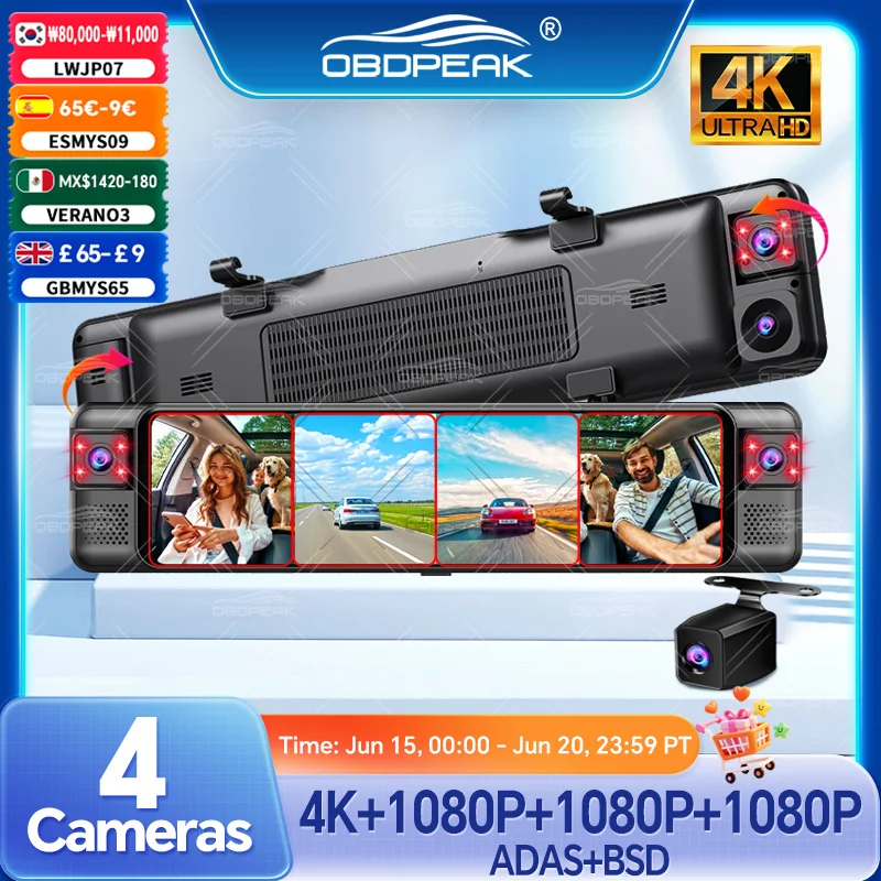 Câmera de Painel D80 4K com Espelho Retrovisor ADAS 4CH 360 °   Câmera DVR Automotiva Interna com WIFI e APP 1080P, Gravador de Vídeo Automático BSD com Monitoramento 24H