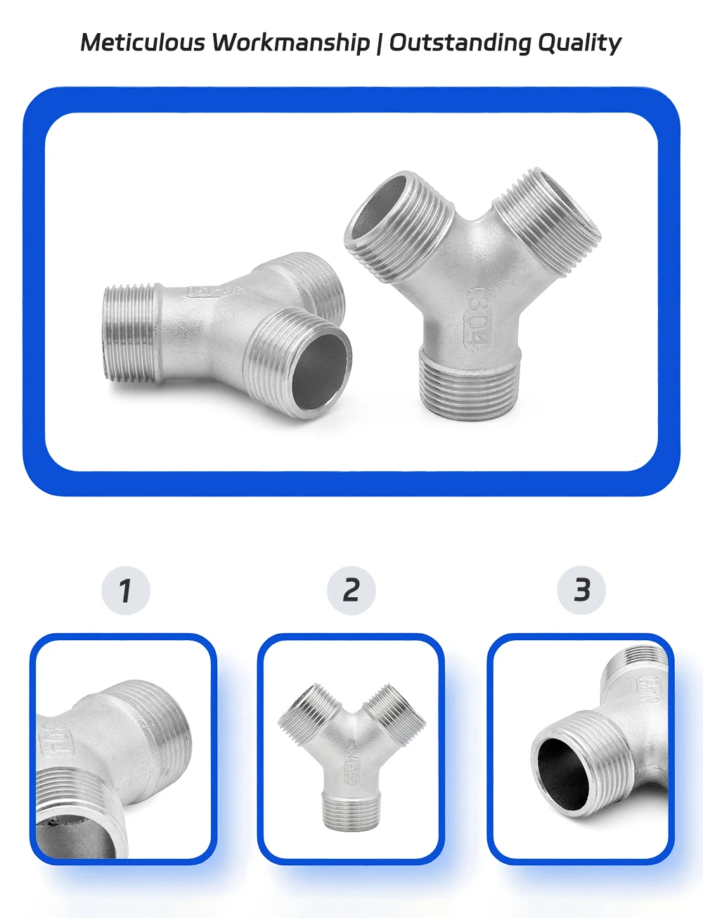 SS304 Edelstahl Y-Stück mit Außengewinde, BSP 3-Wege-Rohrverschraubung, 1/4" 3/8" 1-1/4" 1/2" 3/4" 1" 2" für Sanitär, Warmwasserbereiter, Gas – Detail 1