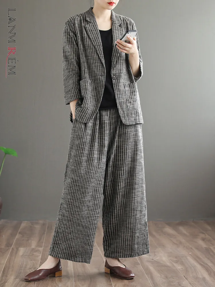 

[LANMREM] Striped Vintage 2 Piece Set Women Notched Single Button Long Sleeve Blazer High Waist Wide Leg Pants 2023 Spring New