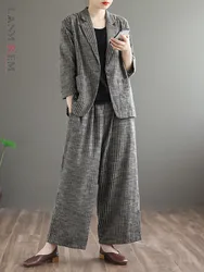 [LANMREM] conjunto Vintage de 2 piezas a rayas para mujer, chaqueta de manga larga con un solo botón y muescas, pantalones de pierna ancha de cintura alta, novedad de primavera 2025